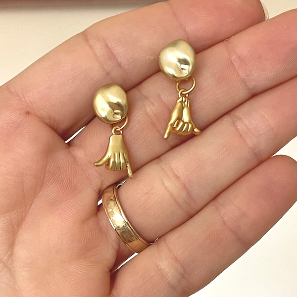 Shaka Hand Earrings, Gold Plated Jewelry Minimalist Surfer Beach Style