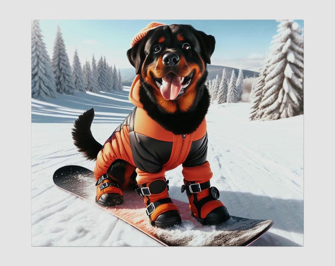 Wall Art, Happy Rottweiler Snowboarding Canvas Print, Home Decor, Dog Lover Gift, Animal Art, Winter Sport Decor