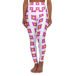 Colorful Pixel Art Flowers Leggings, High Waist Yoga Pants, Floral Workout Tights, Retro Garden Print Activewear, Botanical Leggings