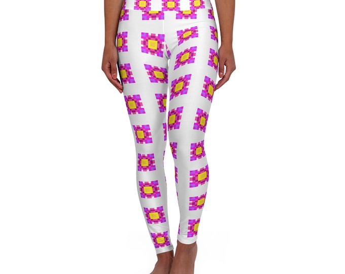 Colorful Pixel Art Flowers Leggings, High Waist Yoga Pants, Floral Workout Tights, Retro Garden Print Activewear, Botanical Leggings