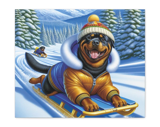 Canvas Print, Happy Rottweiler Sledding Wall Art, Home Decor, Dog Lover Gift, Matte Artwork, Stretched Canvas, 1 25" Print, Gift for