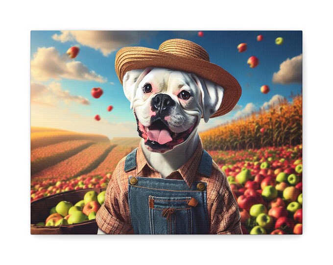 Canvas Wall Art, White Boxer Dog Harvesting Apples, Matte Print Home Decor, Stretched Painting, 1 25 Inch, Farmhouse Animal Poster, Rustic