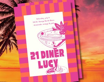 Plantilla de invitación para cena de 21 cumpleaños / Invitación editable en Canva / Tema naranja y rosa de atardecer de verano / Cena 21 / Descarga digital