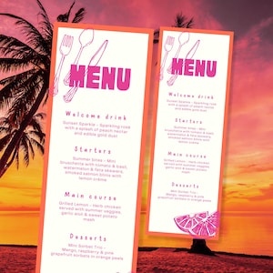 de menu pour le dîner du 21e anniversaire | Conception de toile modifiable | Thème rose orange d'été | 21 restaurants à imprimer | Téléchargement numérique