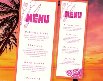 Plantilla de menú para cena de 21 cumpleaños / Diseño editable en Canva / Tema veraniego naranja y rosa / Imprimible para 21 comensales / Descarga digital