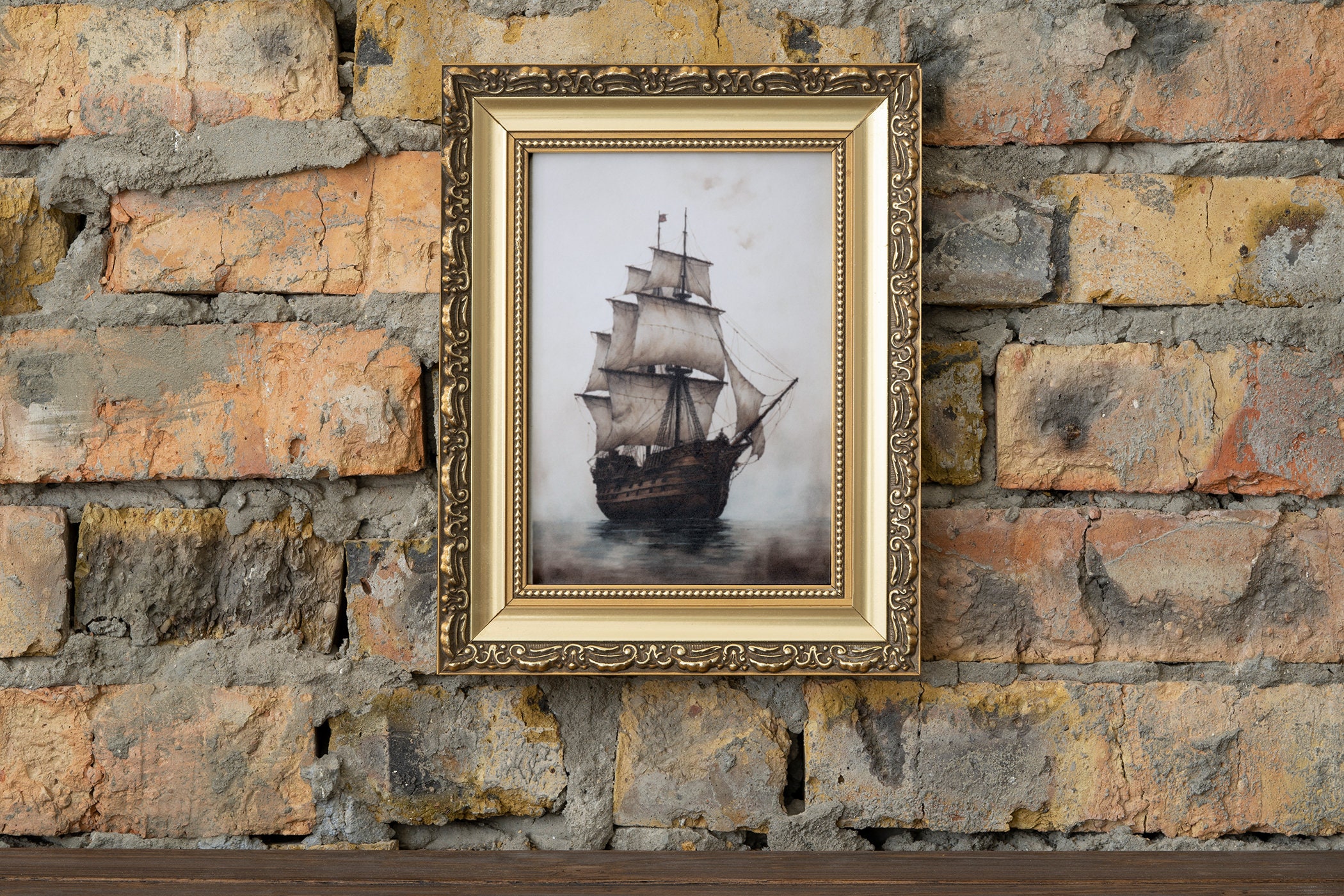 Vintage Pirate Ship Wall Art Print Monochromatic Nautical Painting for