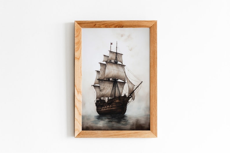 Vintage Pirate Ship Wall Art Print Monochromatic Nautical Etsy