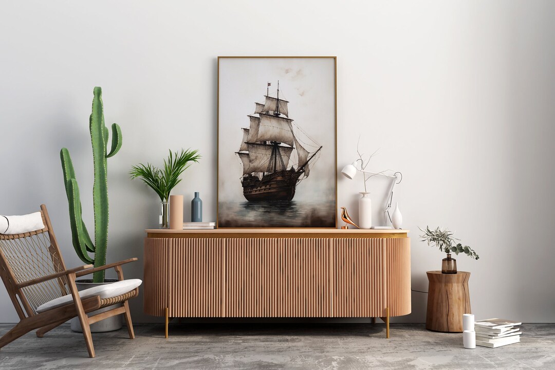 Vintage Pirate Ship Wall Art Print Monochromatic Nautical Painting for