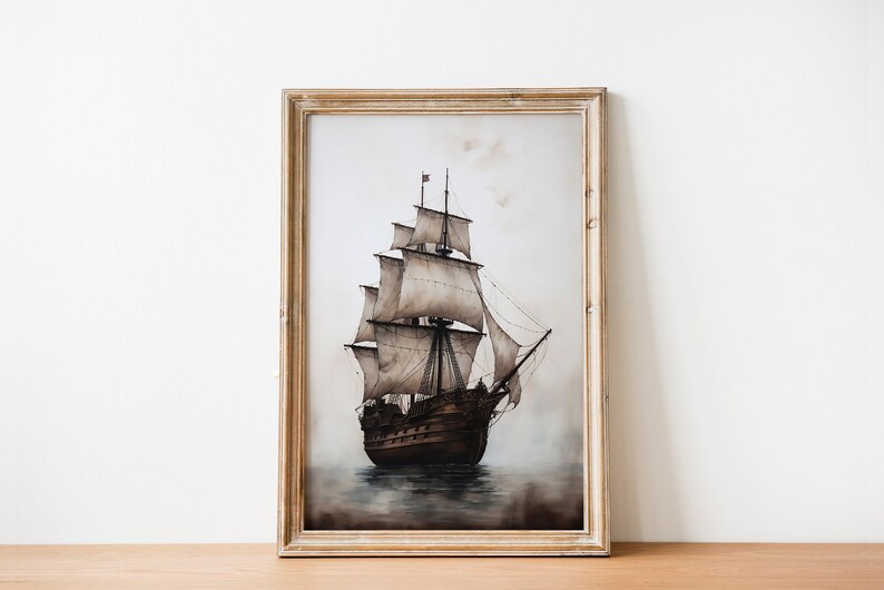 Vintage Pirate Ship Wall Art Print Monochromatic Nautical Painting for