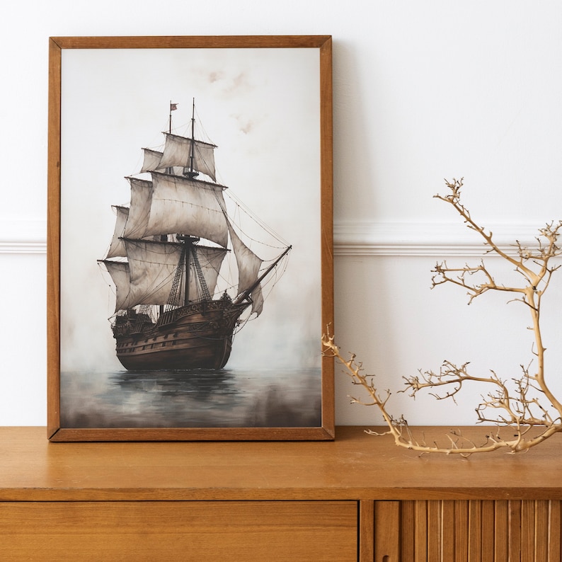 Vintage Pirate Ship Wall Art Print Monochromatic Nautical Etsy