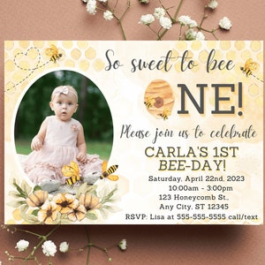 Editable So Sweet to Bee One Birthday Invitation Girl Honeybee Beehive Bee-Day Canva Template Printable