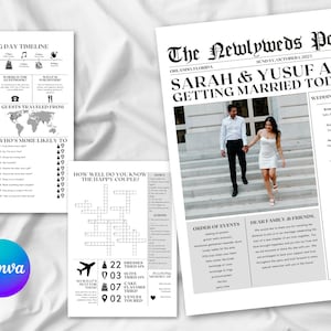 May include: A black and white newspaper style wedding announcement for Sarah and Yusuf. The announcement includes a photo of the couple, a wedding timeline, and a crossword puzzle.