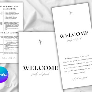 Hochzeit Hotel Geschenk Tasche Einsätze/Tags, Hochzeit Wochenende Reiseplan, vollständig anpassbar auf Canva, digitaler Download Vorlage