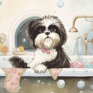 May include: A black and white dog with a pink bow sits in a white bathtub with bubbles. The dog is looking at the camera. There are soap bubbles in the air and a gold faucet in the background.