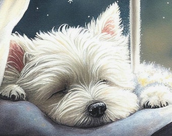 May include: A white West Highland Terrier dog sleeps peacefully on a blue blanket by a window with a view of a starry night sky.