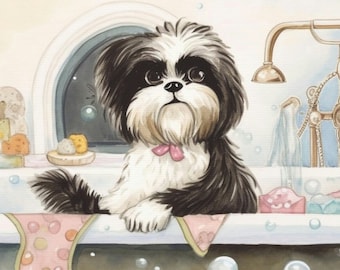 Shih Tzu in the Bath Canvas Print | Shih Tzu Gift | Shih Tzu Watercolor | Ready to Hang