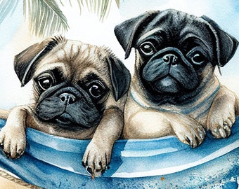 Pugs in a Hammock Nursery Wall Art | Pug Watercolor | Pug Gift | Adorable Printable Digital Download