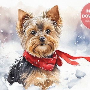 Yorkie in a Winter Wonderland Watercolor | Yorkshire Terrier Lover&#39;s Gift | Printable Wall Art