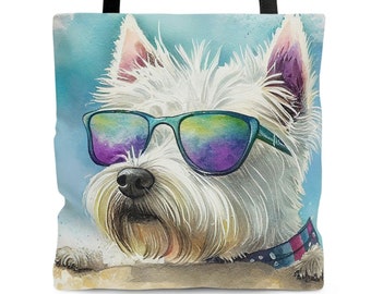 Westie in Shades Beach Tote Bag | West Highland Terrier Beach Bag Gift | Artwork by Watercolor Adorables