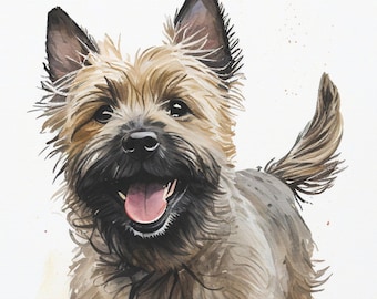 May include: A watercolour painting of a Cairn Terrier dog running towards the viewer with its tongue out. The dog has a brown and black coat and is set against a white background.
