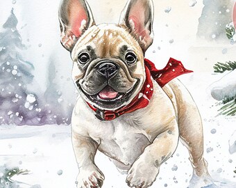Frenchie in a Winter Wonderland Watercolor | French Bulldog Gift | Adorable Printable Wall Art