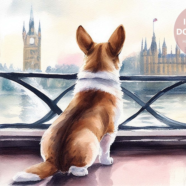 Corgi in London Watercolor | Pembroke Welsh Corgi | Corgi Gift | Adorable Printable Wall Art