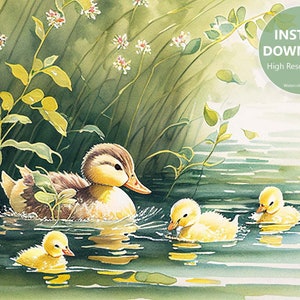 Mother Duck and Her Ducklings Watercolor Nursery Art | Adorable Printable Wall Art | Instant Download
