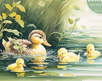 Mother Duck and Her Ducklings Watercolor Nursery Art | Adorable Printable Wall Art | Instant Download
