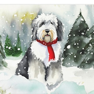 Old English Sheepdog in a Winter Wonderland Watercolor Canvas Print | Sheepdog Lover&#39;s Art Gift | Ready to Hang