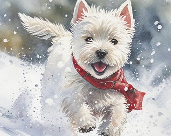 May include: A white West Highland White Terrier dog wearing a red scarf runs through the snow with its tongue out. The dog is in focus and the background is blurred.
