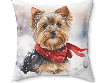 Yorkie in a Winter Wonderland Throw Pillow | Huggable Yorkshire Terrier Lover Gift | Artwork by Watercolor Adorables