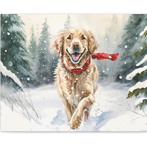 Golden Retriever in a Winter Wonderland Watercolor Canvas Print | Golden Retriever Lover's Art Gift | Ready to Hang