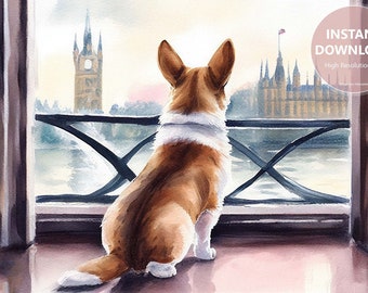 Corgi in London Watercolor | Pembroke Welsh Corgi | Corgi Gift | Adorable Printable Wall Art