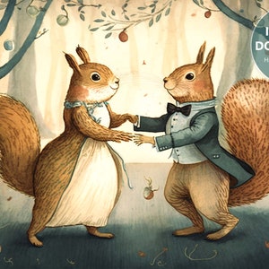 Dancing Squirrels Watercolor | Squirrel Gift | Woodland Nursery Art | Printable Wall Art