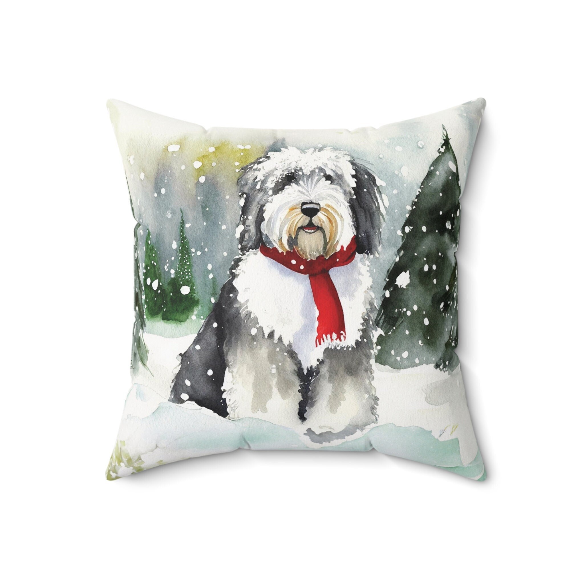 Old English Sheepdog in a Winter Wonderland Throw Pillow | Huggable Sheepdog Lover Gift | Artwork by Watercolor Adorables
