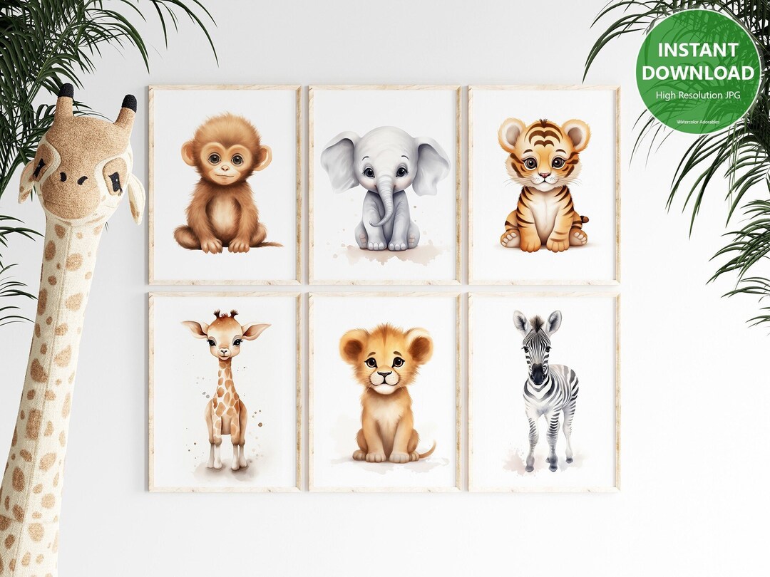 Set of 6 Baby Safari Animals Nursery Wall Art | Kids Room Art | Jungle ...
