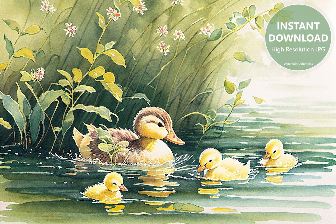 Mother Duck and Her Ducklings Watercolor Nursery Art Adorable Printable