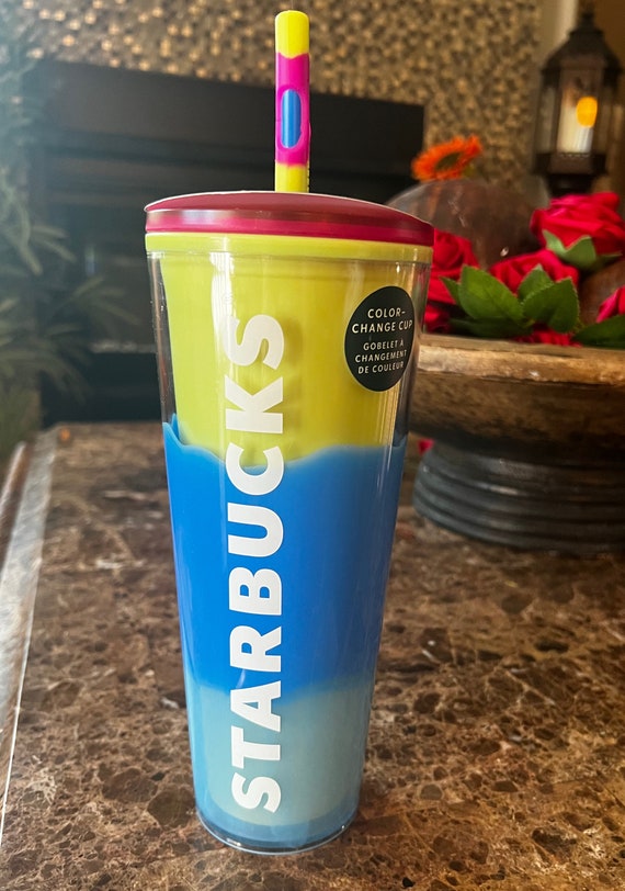 Starbucks 2023 Spring Straw Topper Blossom Color Changing Tumbler 24oz Cup,  Blue green