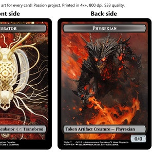 May include: Double-sided custom art tokens for a collectible card game. The front side features a white and gold incubator with a skull. The back side features a black and red Phyrexian creature with glowing red eyes. The text "Incubator (2: Transform)" and "Phyrexian" are printed on the cards.