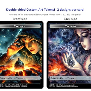 May include: Double-sided custom art tokens for Magic: The Gathering. The front side features a woman in a hooded cloak holding a treasure chest. The back side features a woman holding a jewel. Both sides have the text "TREASURE" and "Token Artifact - Treasure".