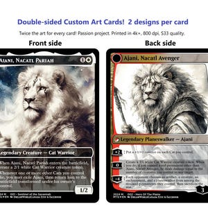 May include: Double-sided Magic: The Gathering card featuring Ajani, Nacatl Pariah, a white legendary creature with a 1/2 power and toughness. The card art depicts a white lion with a fierce expression. The back side of the card features Ajani, Nacatl Avenger, a white legendary planeswalker with a 3 loyalty counter. The card art depicts the same white lion.