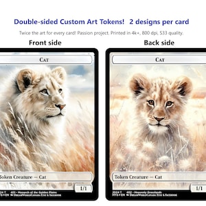 May include: Double-sided custom art token card featuring a white lion cub on a grassy background. The card text reads "CAT" and "Token Creature - Cat 1/1".