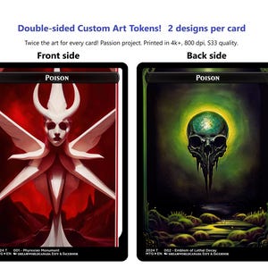 May include: Double-sided custom art tokens for a tabletop game. The front side features a white figure with horns and wings against a red background. The back side features a skull with a green gem against a green and black background. The text "POISON" appears on both sides.