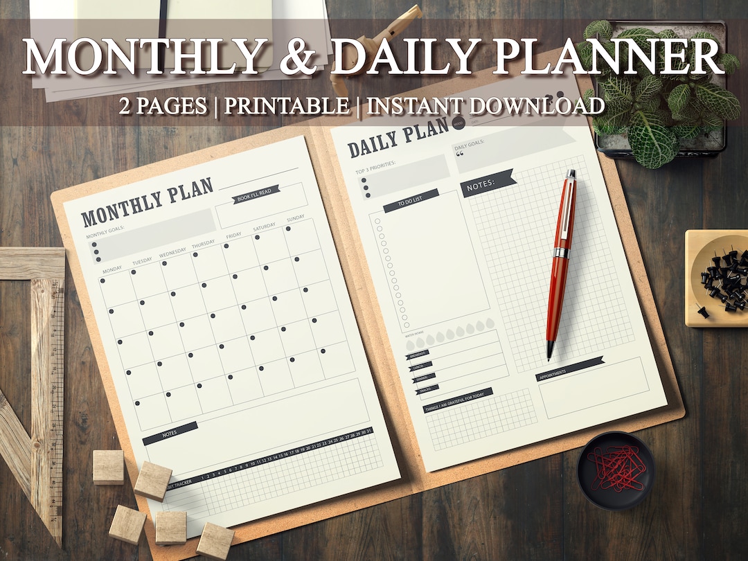 Simple Monthly and Daily Planner | Printable | Undated - Etsy