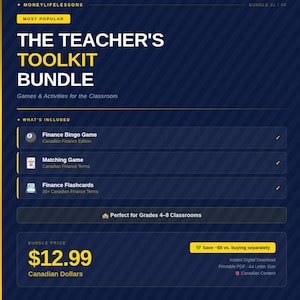 Può includere: Un pacchetto di prodotti digitali intitolato "The Teacher's Toolkit Bundle" con giochi e attività per la classe. Il pacchetto include un gioco di bingo finanziario, un gioco di abbinamento e schede didattiche finanziarie. Il prezzo è di 12,99 dollari canadesi. Perfetto per le classi 4-8.
