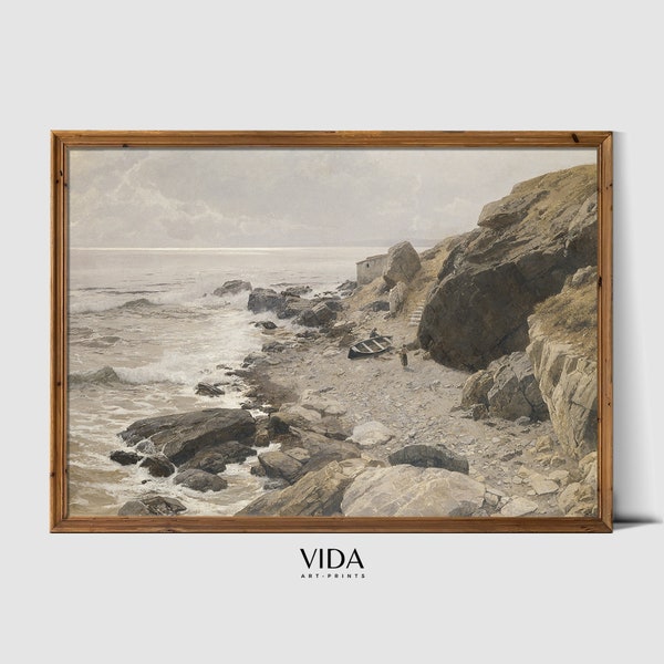 Landscape Painting Coastal Decor Landscape Wall Art Vintage Prints Coastal Art Ocean Wall Art Ocean Print Muted Beach Print Moody Beach V64