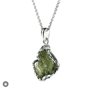 Natural Moldavite Raw Stone Pendant: 925 Sterling Silver