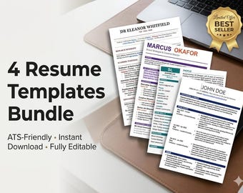 4 ATS-Friendly Resume Templates, Modern CV, Word/Docs (Instant Download)
