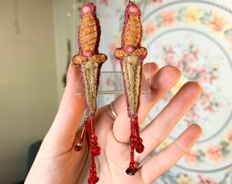 Handmade dagger knife and blood bead earrings / hand embroidered felt goth/punk beaded sterling silver jewelry