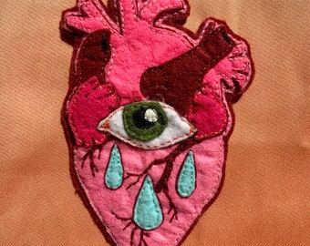 Hand embroidered crying eye anatomical heart sew-on patch//witchy/goth/boho felt patches for jacket